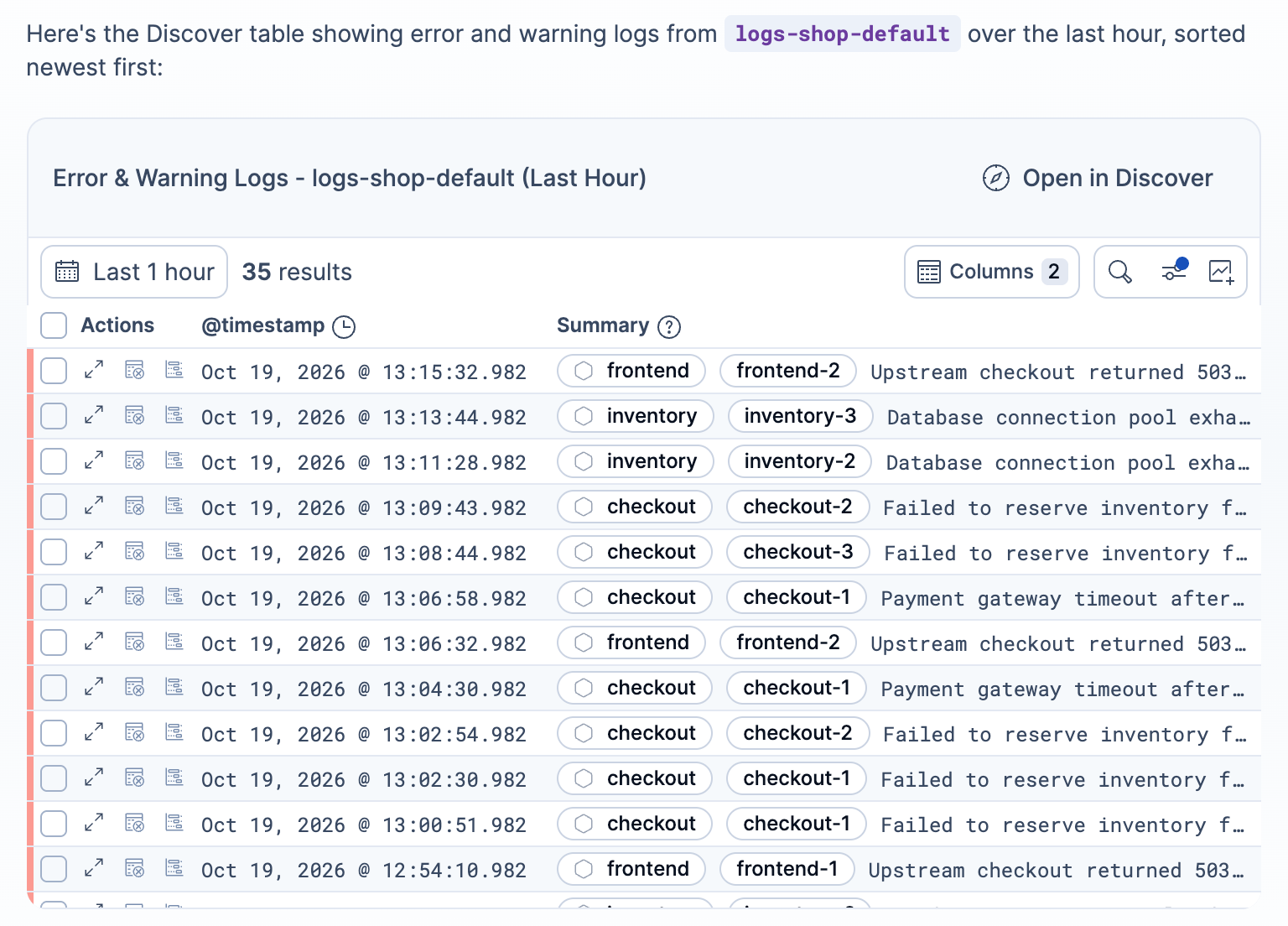 Discover table of error and warning logs in an Agent Builder conversation, with the Open in Discover button, a Last 1 hour time picker, the Columns selector, and a Summary column showing service and host badges