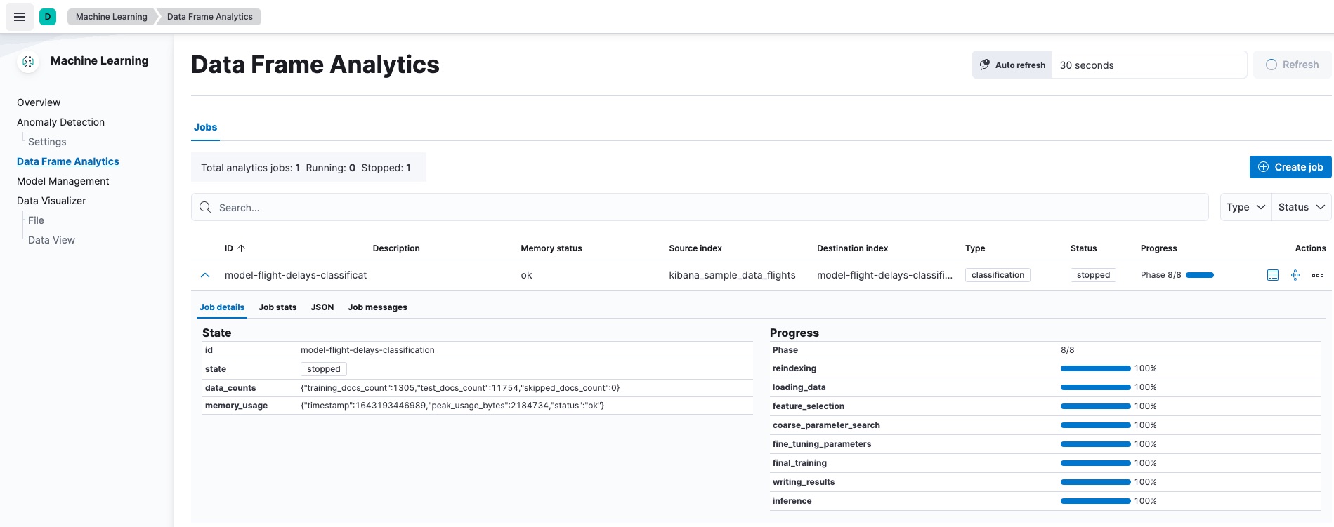Statistics for a data frame analytics analytics job in Kibana Statistics for a data frame analytics analytics job in Kibana