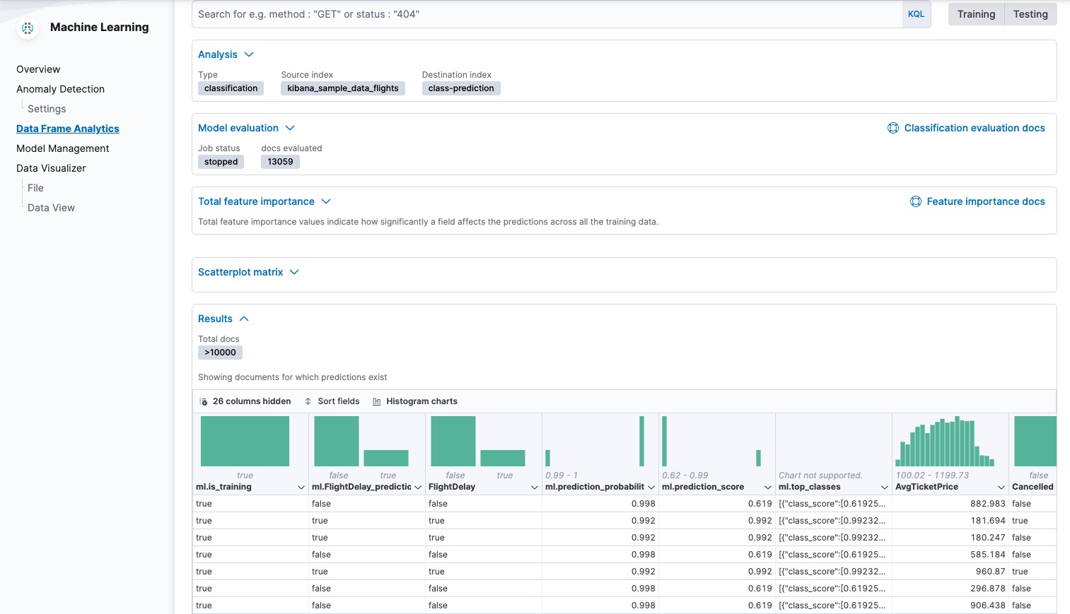 Destination index table for a classification job in Kibana Destination index table for a classification job in Kibana