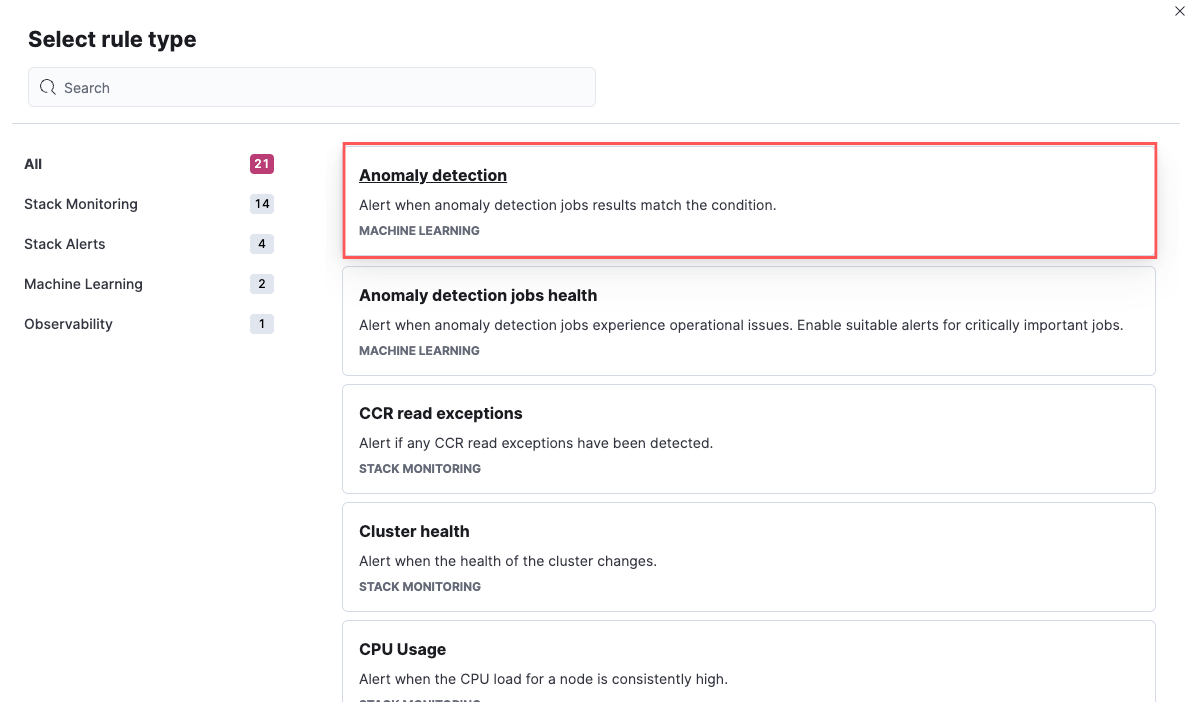 Selecting Anomaly detection rule type Selecting Anomaly detection rule type