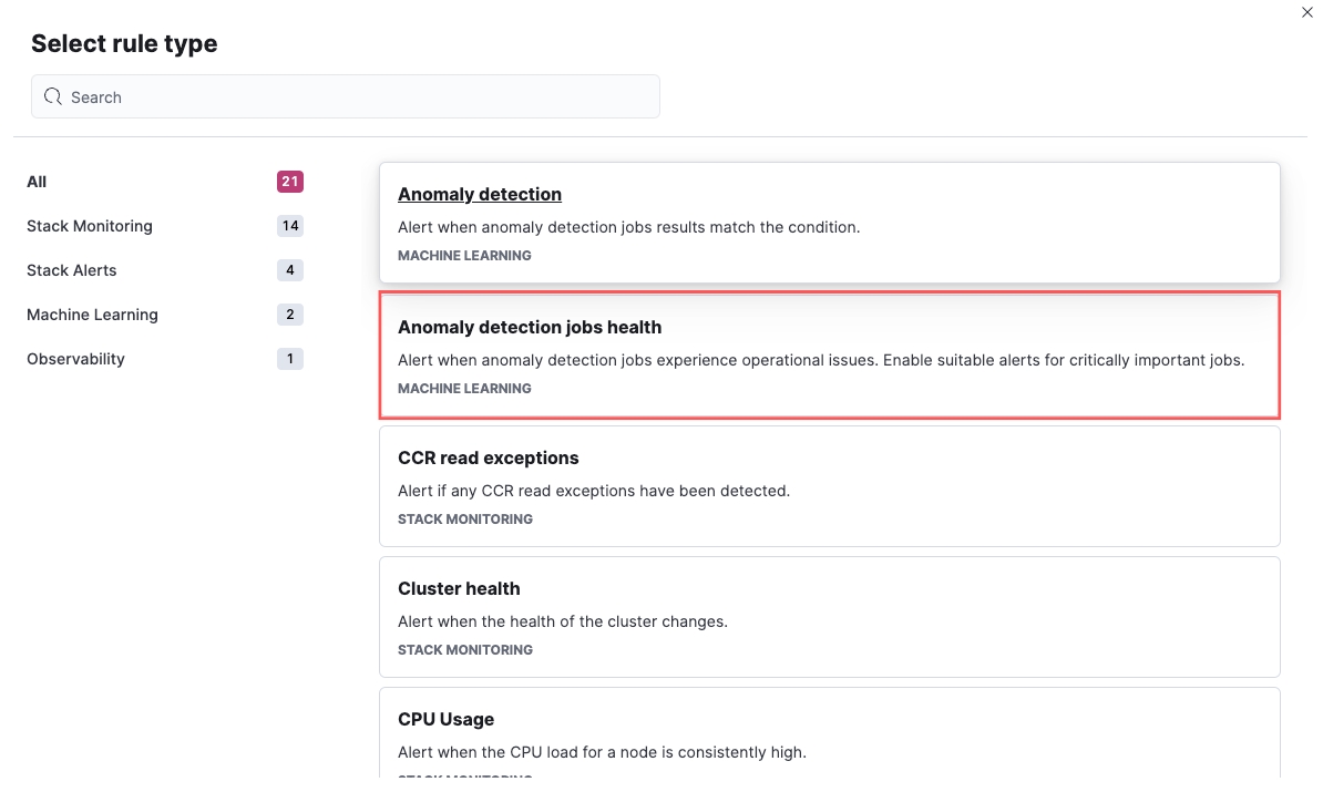 Selecting Anomaly detection jobs health rules type Selecting Anomaly detection jobs health rules type