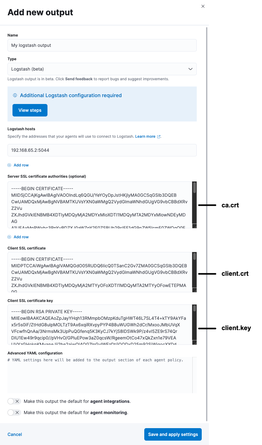 Screen capture of a folder called `logstash` that contains two files:logstash.crt and logstash.key Screen capture of a folder called `logstash` that contains two files:logstash.crt and logstash.key