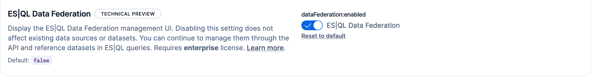The ES|QL Data Federation advanced setting turned on in the Global Settings tab