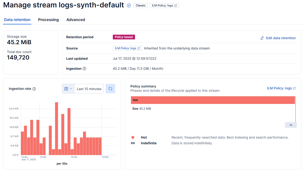 Screenshot of the data retention UI