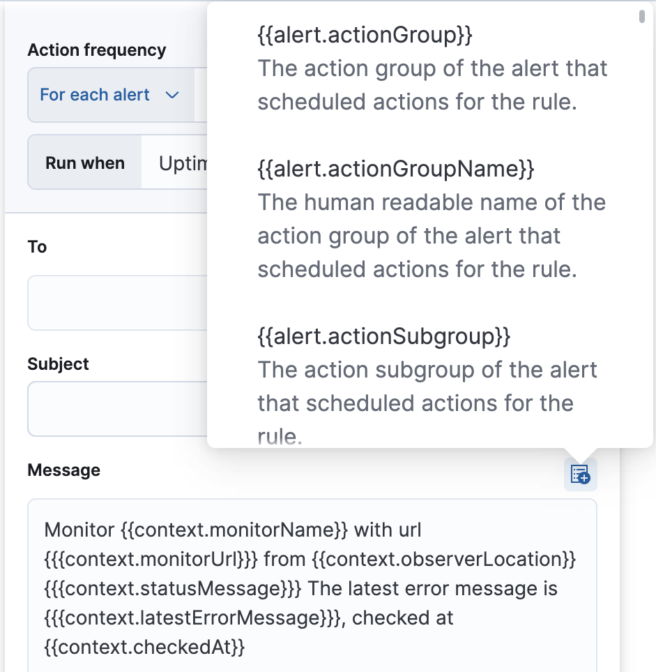 Default notification message for monitor status rules with open "Add variable" popup listing available action variables Default notification message for monitor status rules with open
