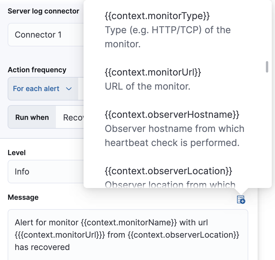 Default recovery message for monitor status rules with open "Add variable" popup listing available action variables Default recovery message for monitor status rules with open