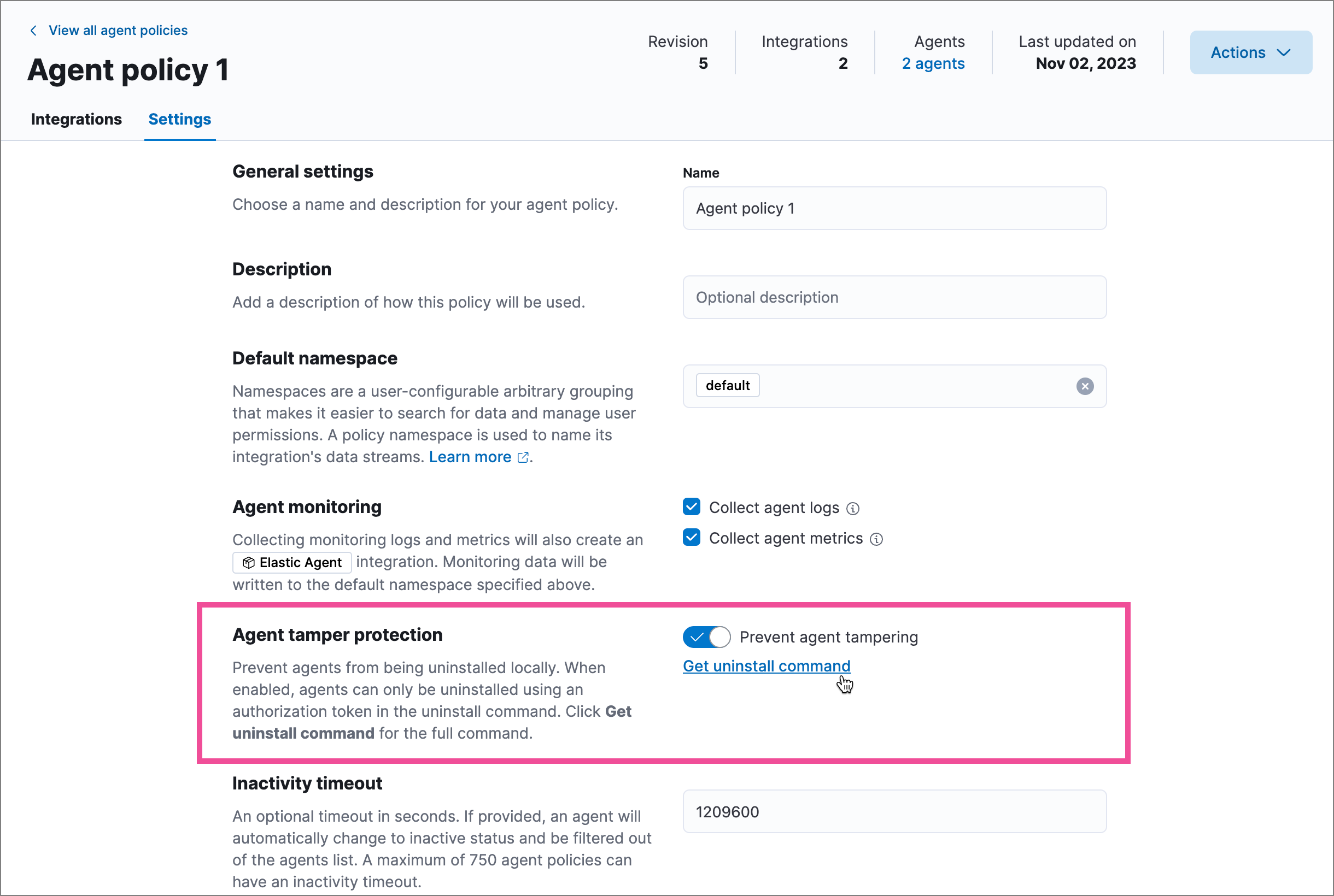Agent tamper protection setting highlighted on Agent policy settings page Agent tamper protection setting highlighted on Agent policy settings page