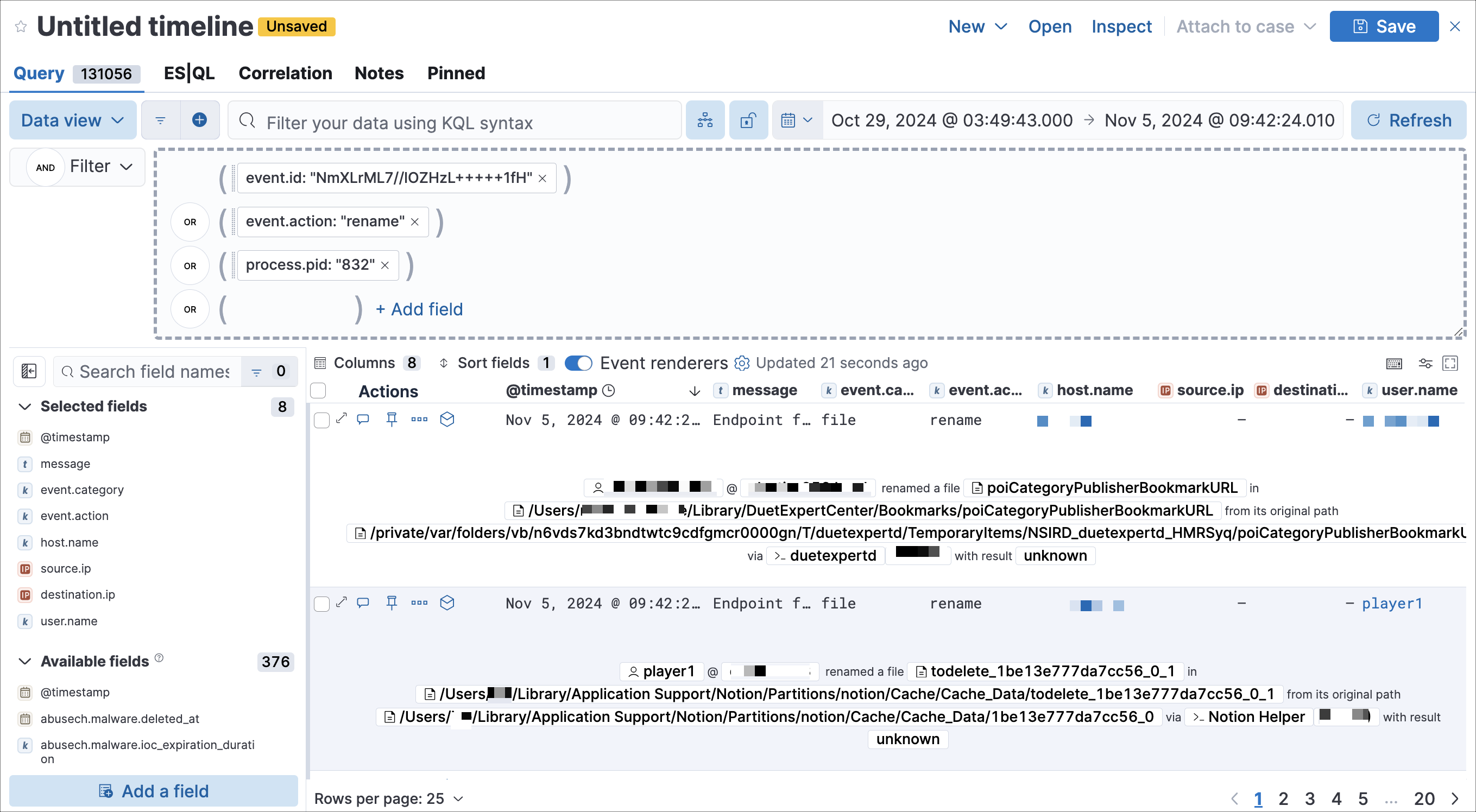 Timeline with query pre-loaded from investigation guide action Timeline with query pre-loaded from investigation guide action
