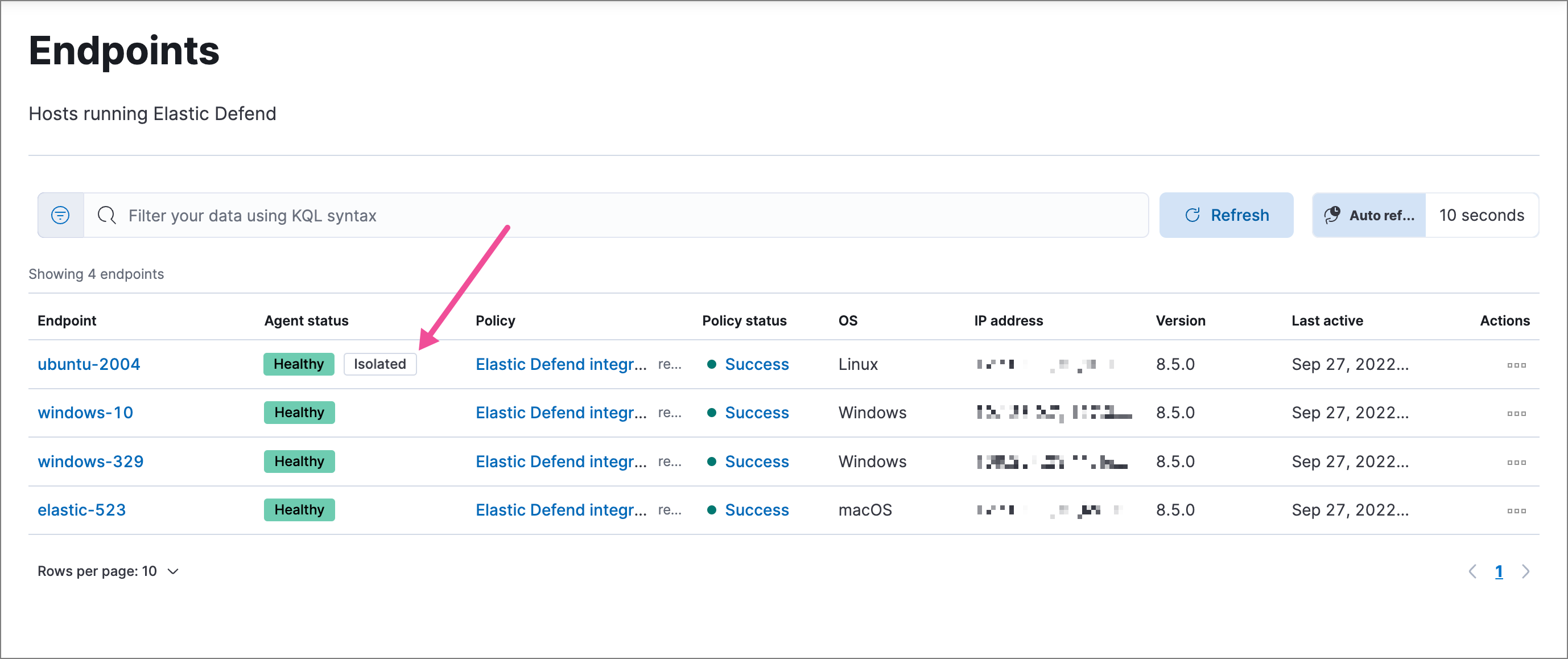 Endpoint page highlighting a host that's been isolated Endpoint page highlighting a host that's been isolated