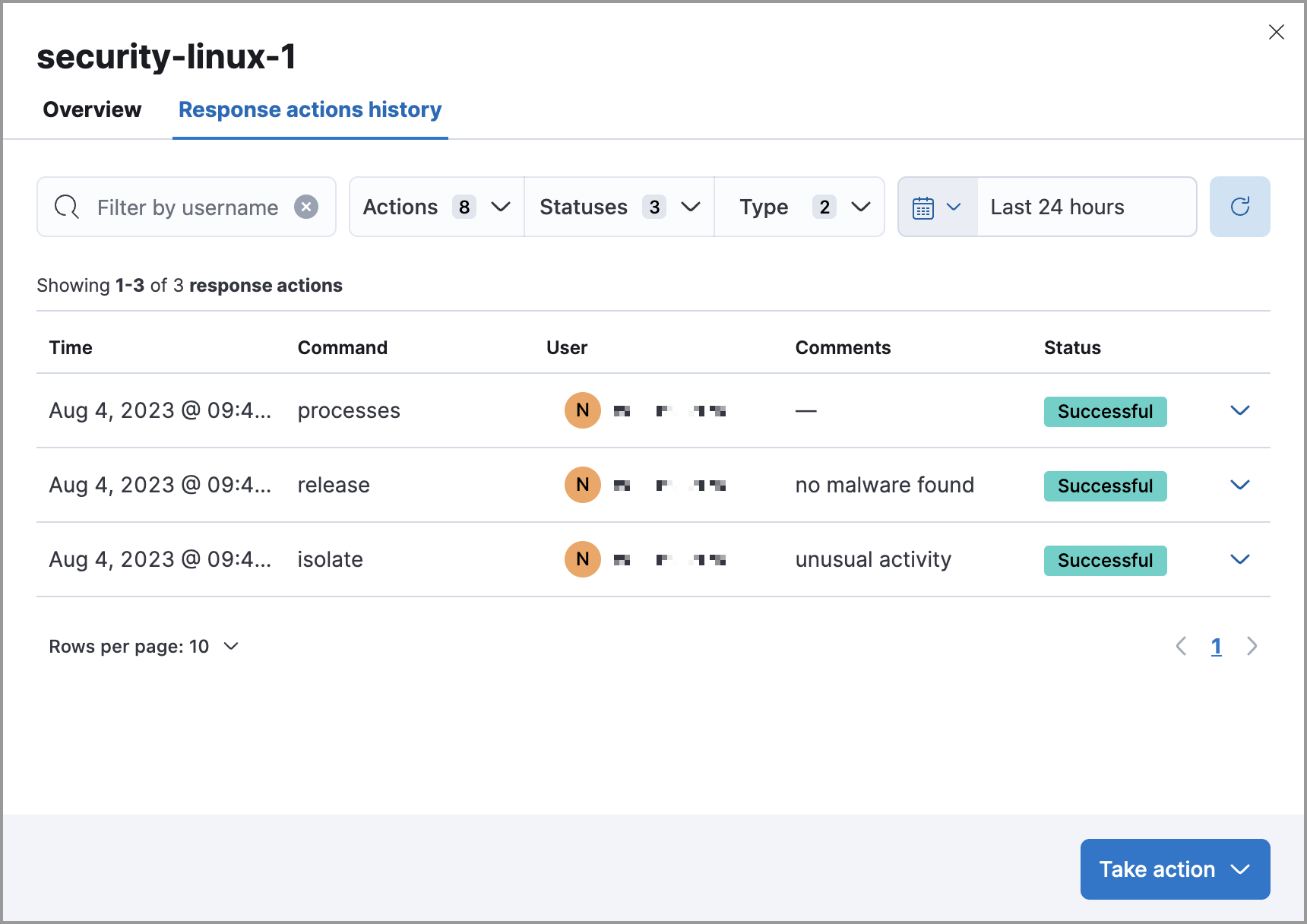 Response actions history page UI Response actions history page UI