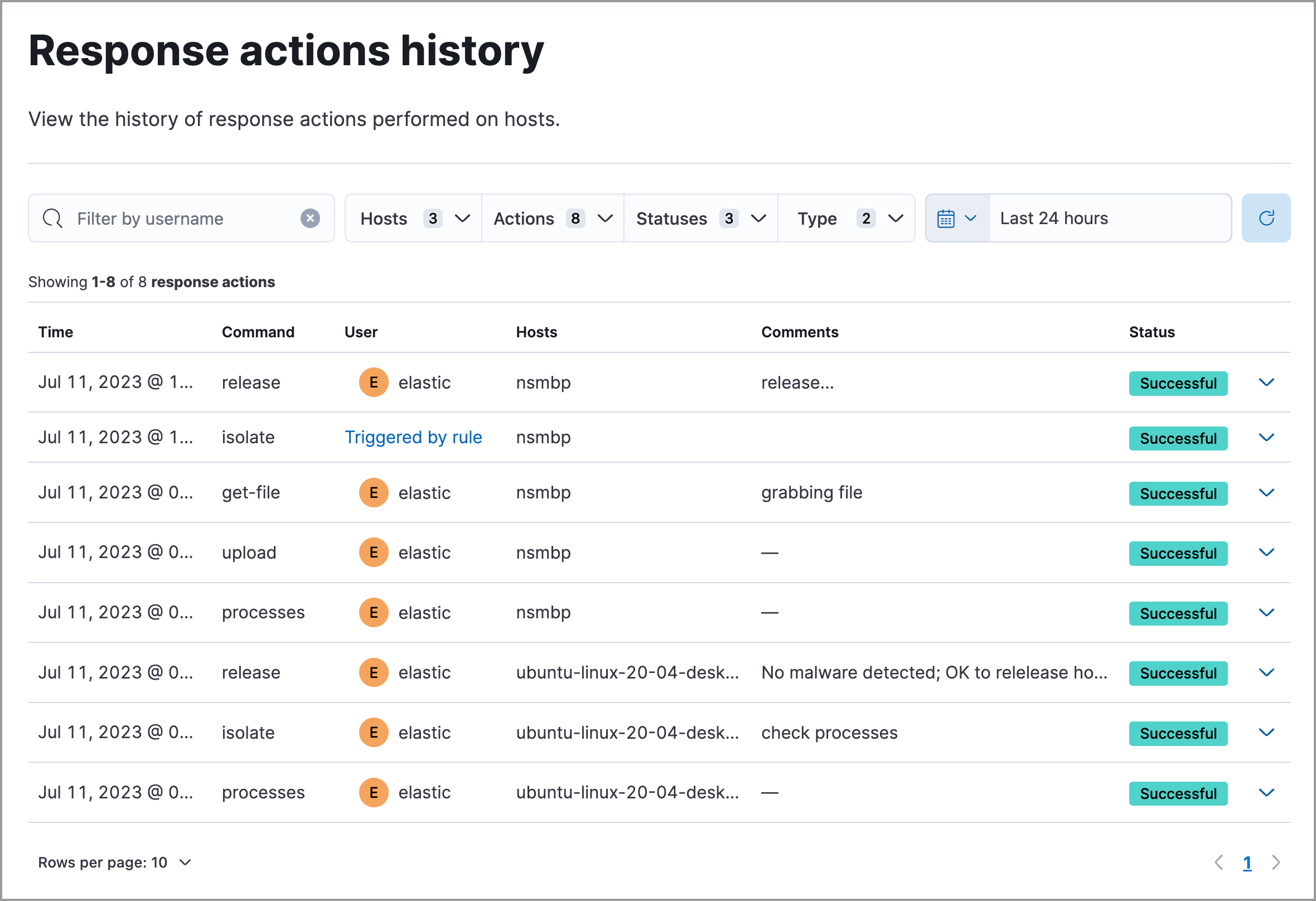 Response actions history page UI Response actions history page UI
