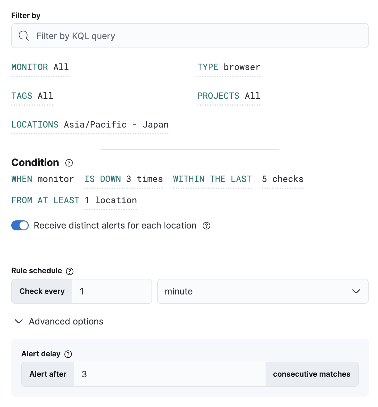 Filters and conditions defining a Synthetics monitor status rule Filters and conditions defining a Synthetics monitor status rule