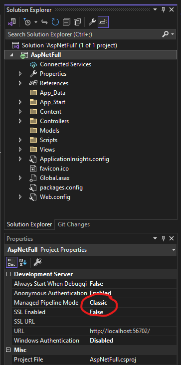 Classic Managed Pipeline Mode in Properties Classic Managed Pipeline Mode in Properties