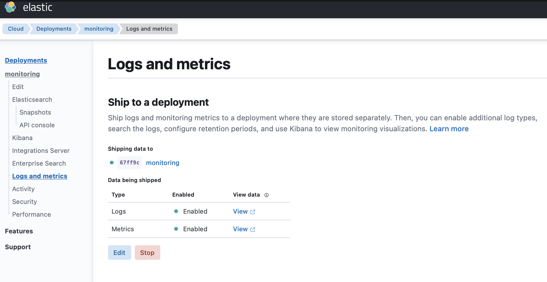 Log and metrics page Log and metrics page