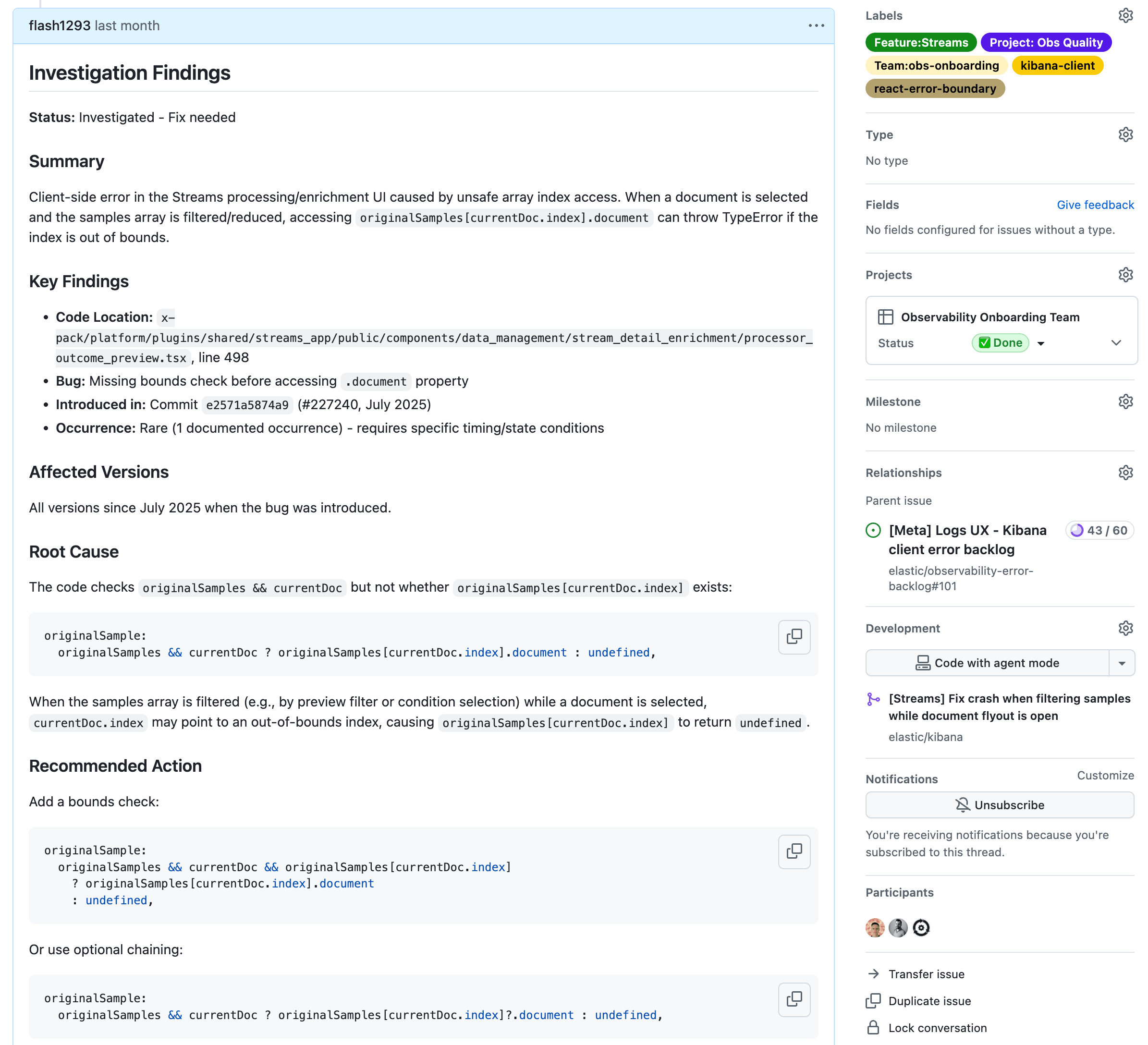 Automated error investigation report showing the agent's analysis of a Streams UI crash, including root cause identification and suggested fix