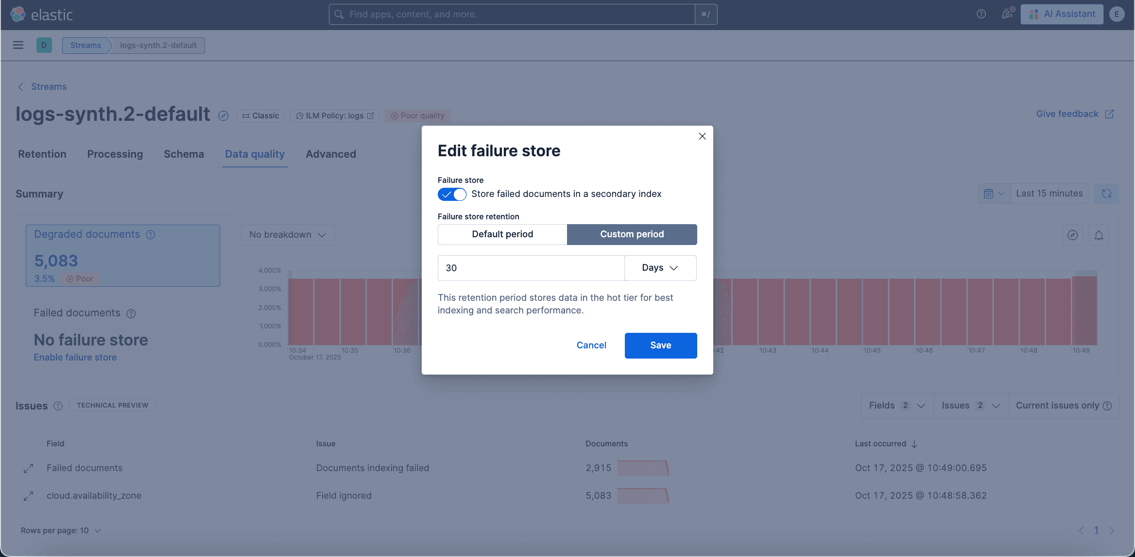 Failure store configuration modal