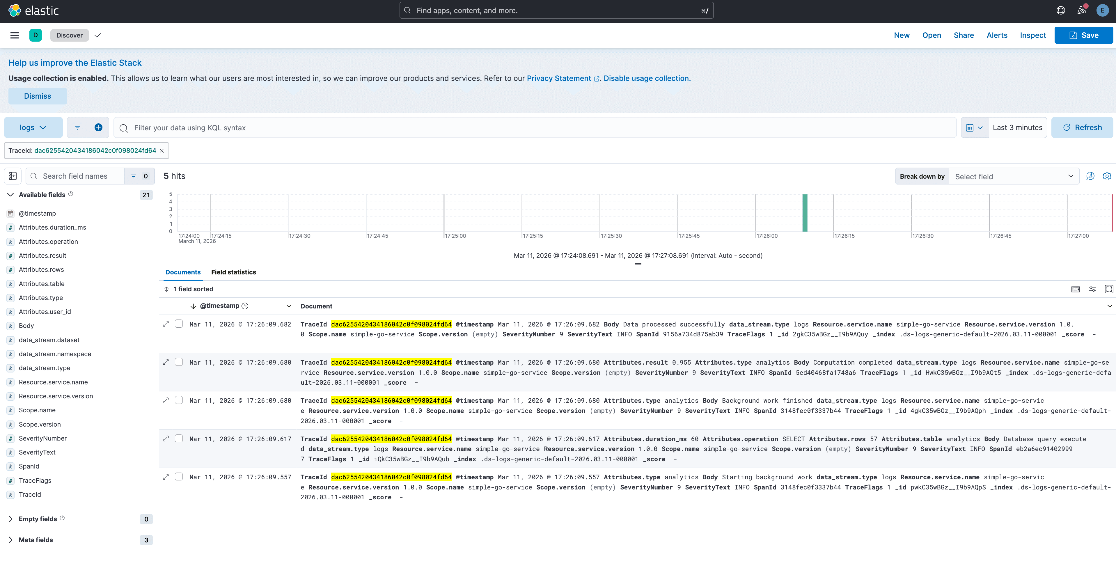 Logs matching the Trace ID