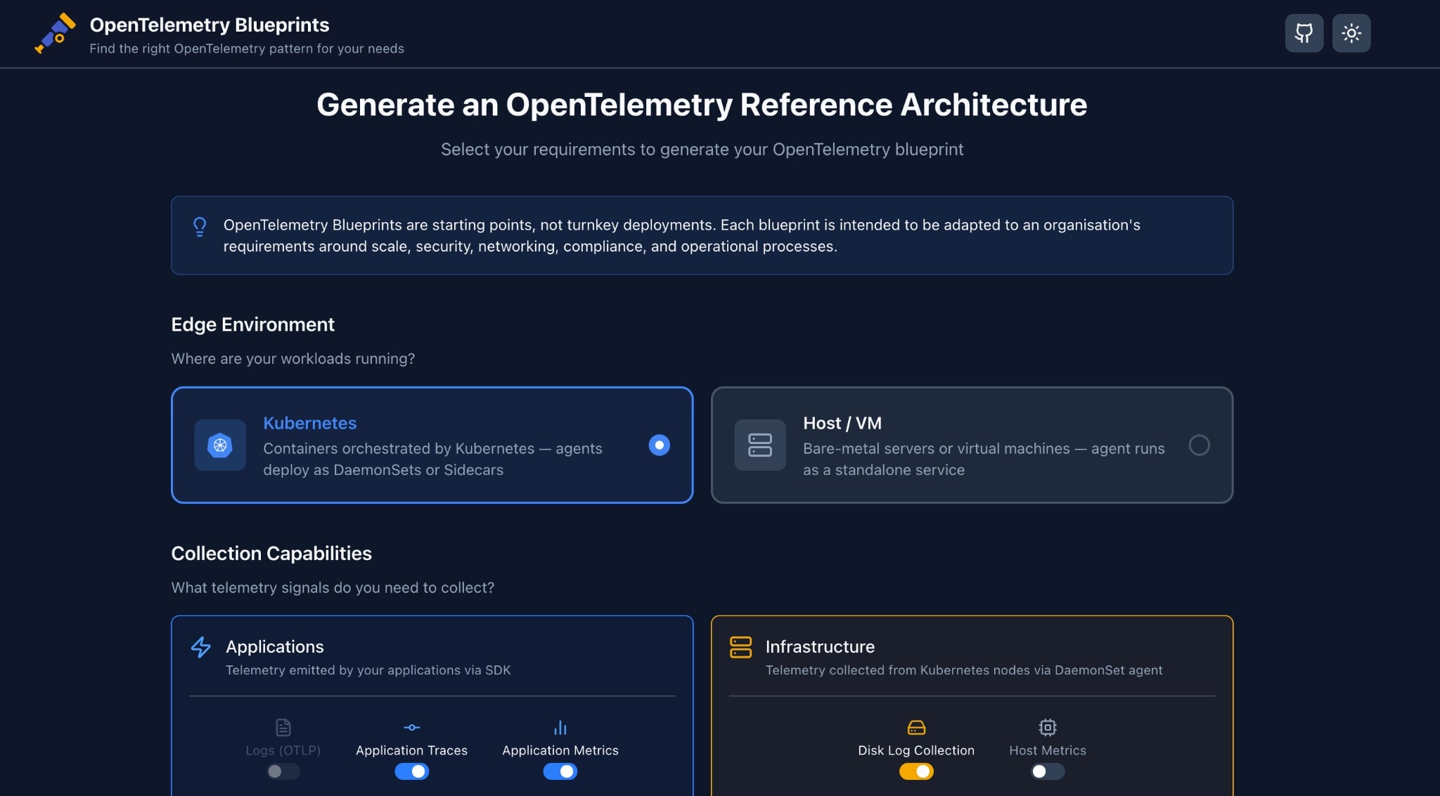 Screenshot of a composed architecture diagram showing a Kubernetes cluster with DaemonSet agent, processing tier, and observability backend