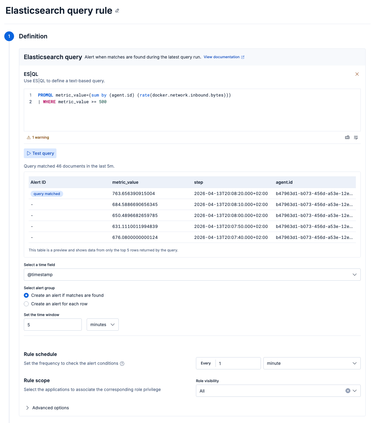 Alert rule: Elasticsearch query with a PROMQL condition