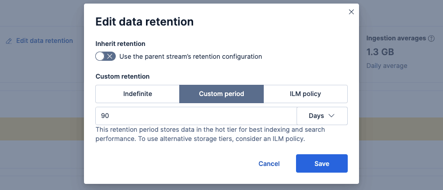 Modal view to set a custom retention period