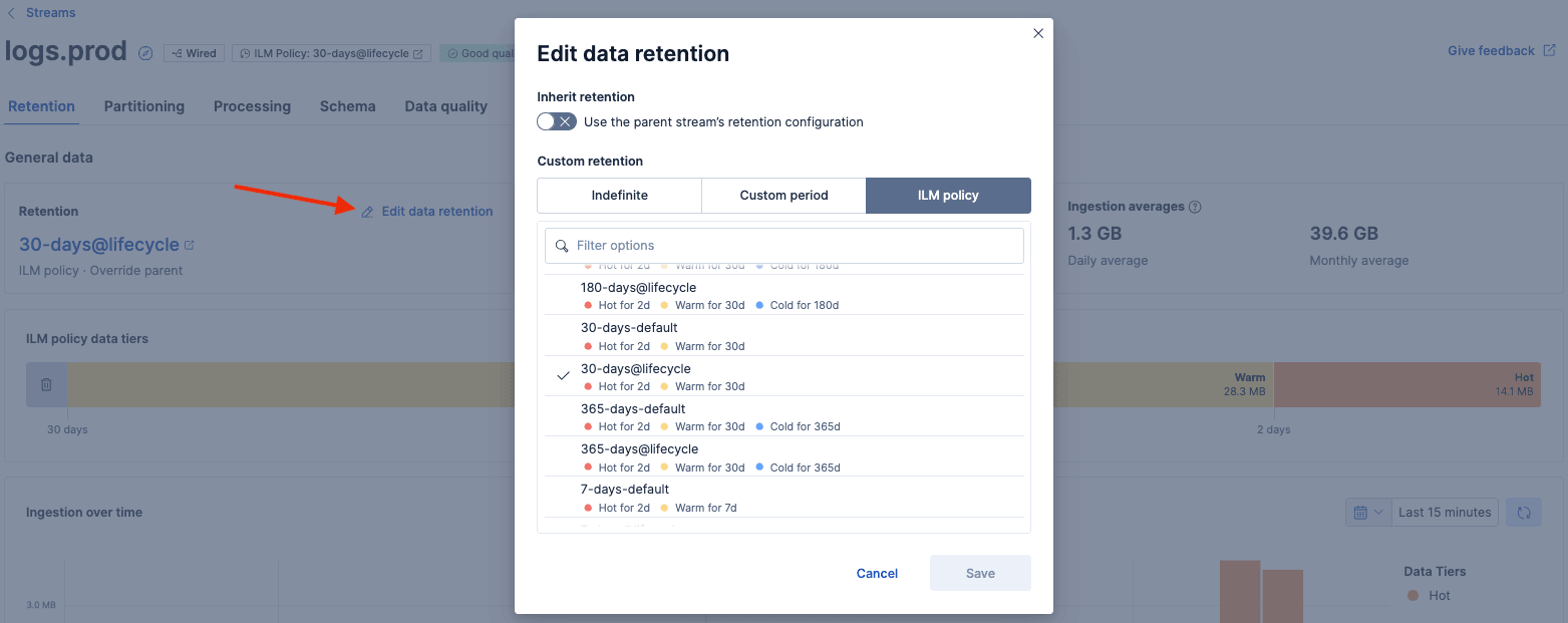 Modal view to set a lifecycle policy
