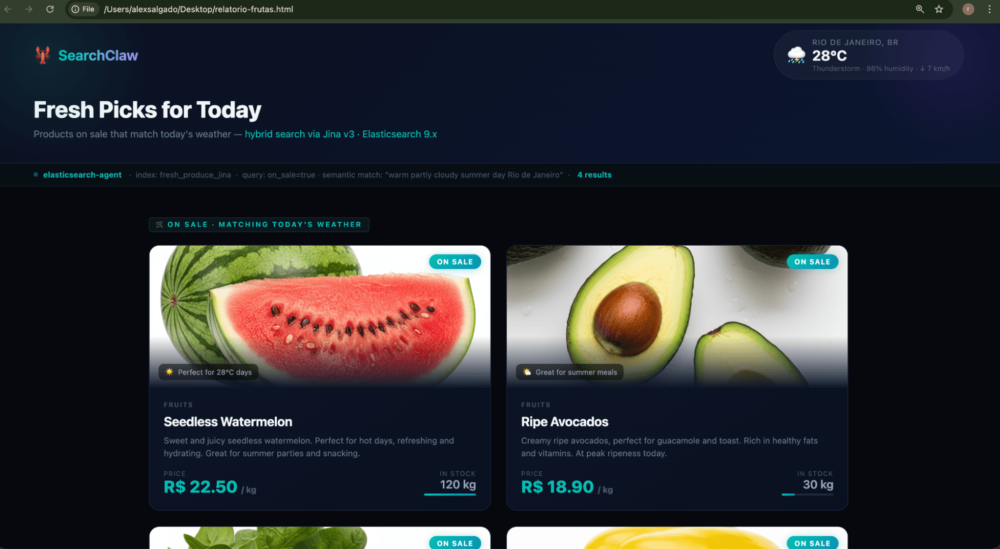 SearchClaw results for "products on sale that match today's weather," including images of watermelon and avocado.