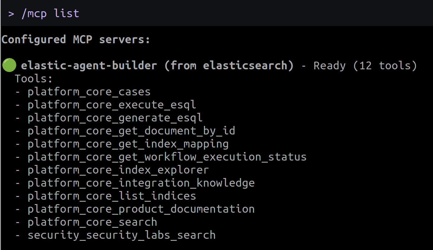 Der `elastic-agent-builder` MCP-Server mit der Liste der Tools.