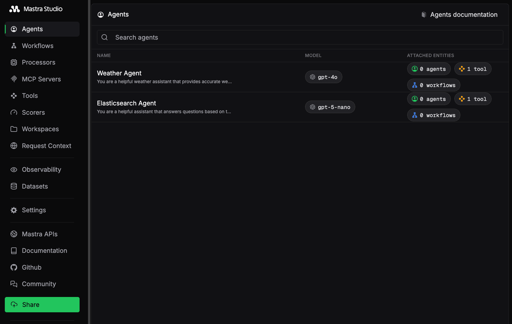 Elasticsearch Agent 예시가 포함된 Mastra Studio의 스크린샷입니다.