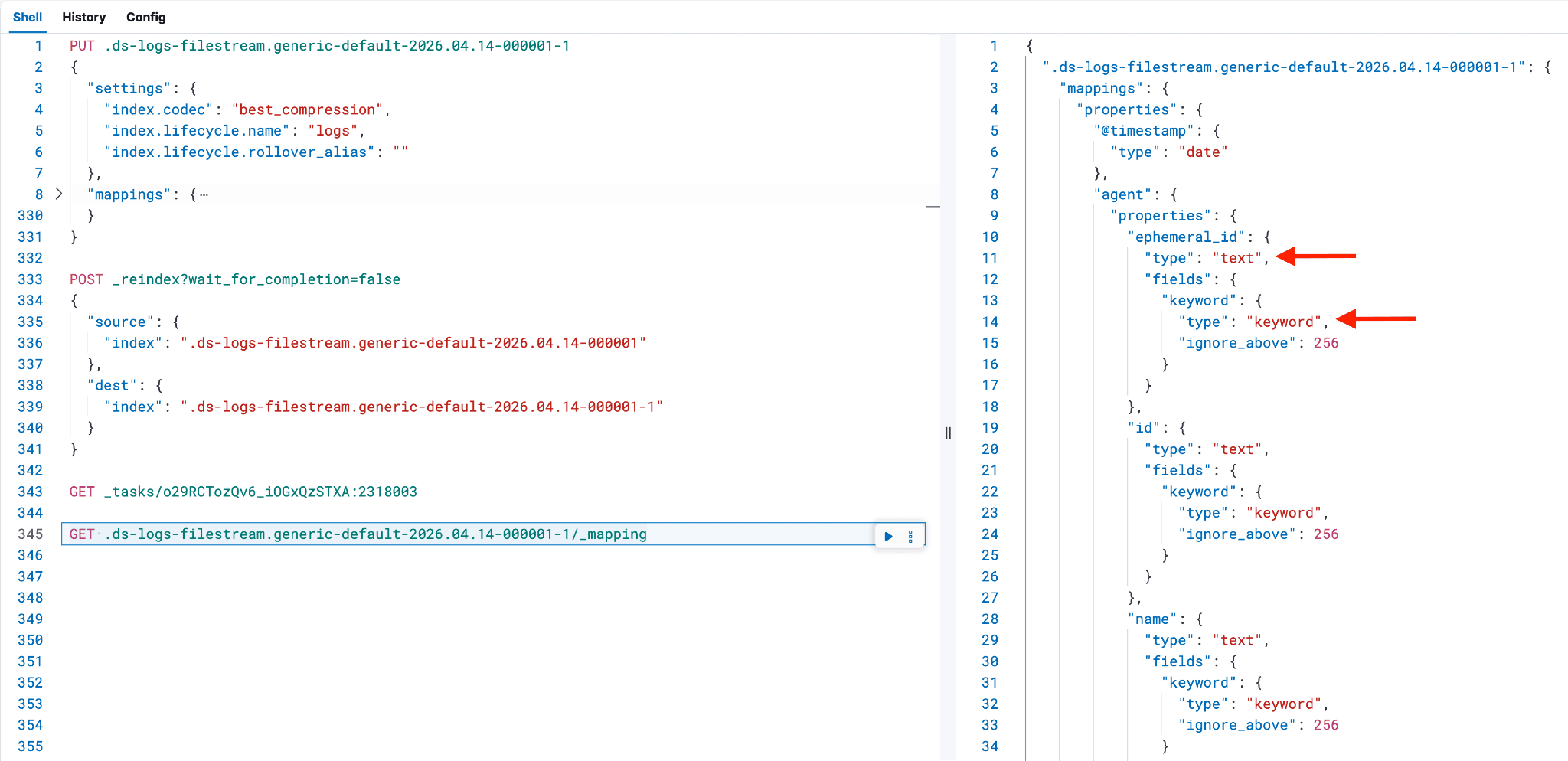 Split‑screen code editor showing Elasticsearch commands on the left and index mappings on the right. An arrow points to the text field type in the mapping, and another arrow points to the keyword subfield type.