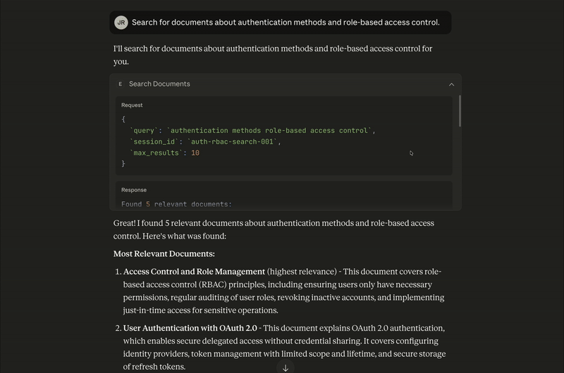 Página do Claude 4.5 Sonnet, com respostas em rolagem que incluem os cinco documentos relevantes sobre métodos de autenticação e controle de acesso por função.