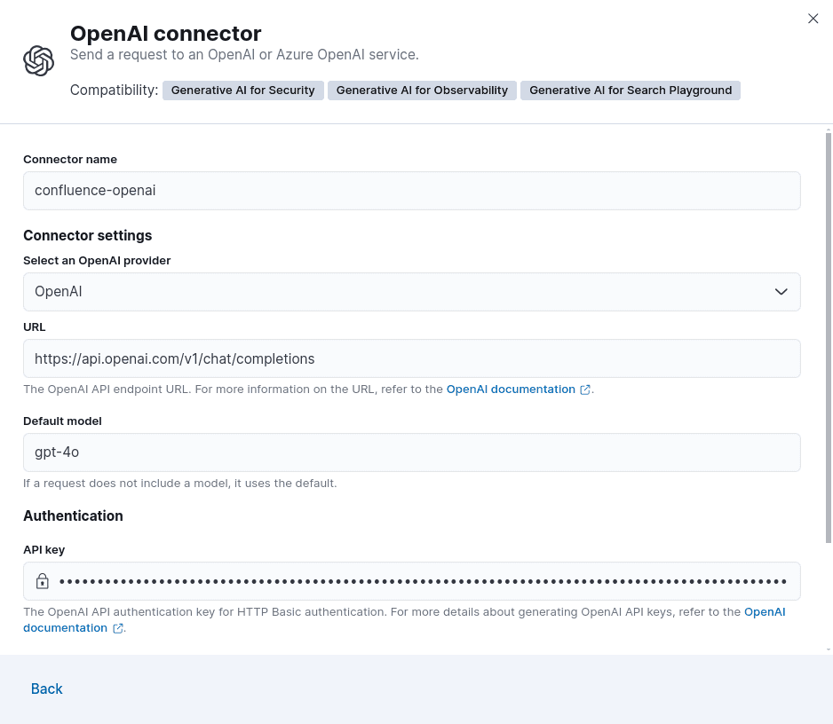 Elastic Playground OpenAI connector to chat with data