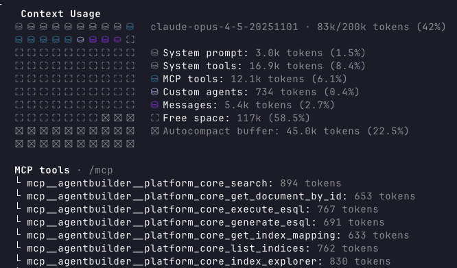 Code that shows how much context each of the MCP tool's definitions uses and our subagent's prompt.