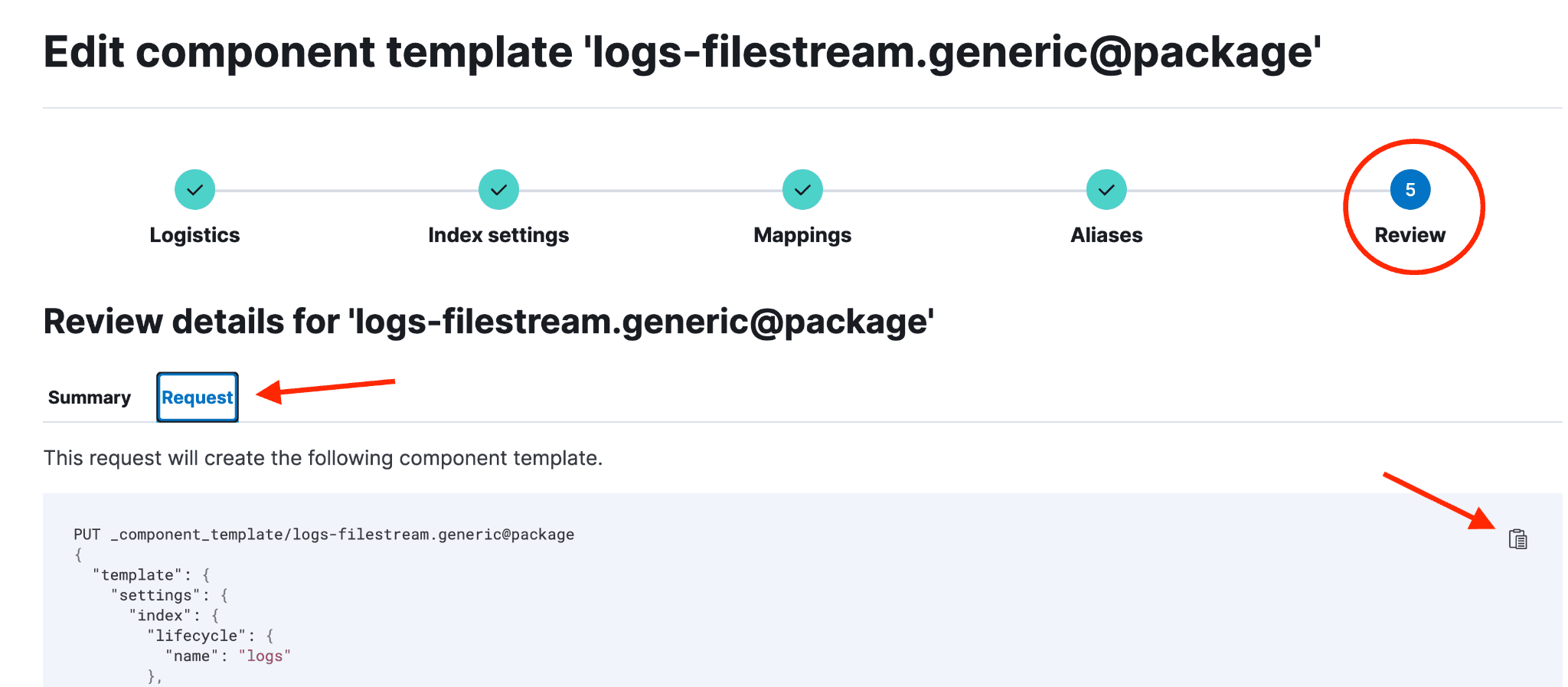 Screen showing the component template creation interface with the Review step selected in the workflow.