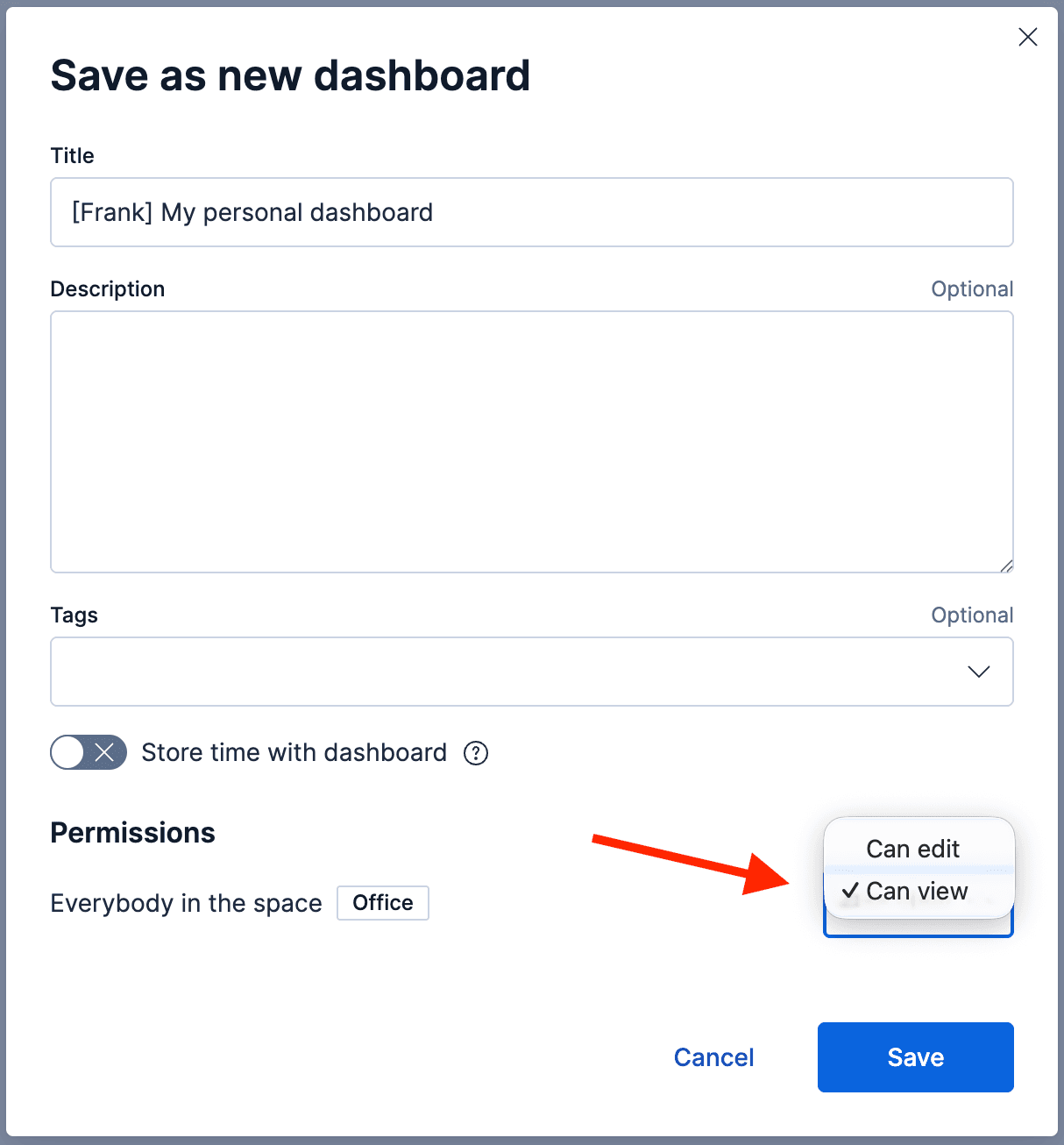 대시보드 저장 옵션 중 보기 전용 권한이 선택된 Kibana 대화 상자 모습입니다.