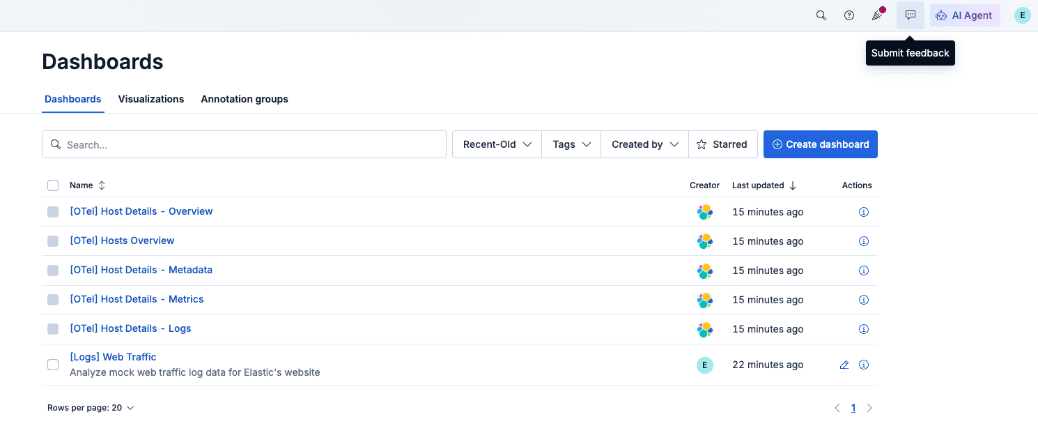 Kibana Dashboards interface showing the top menu with “Submit Feedback” icon highlighted, inviting users to share input or report issues.