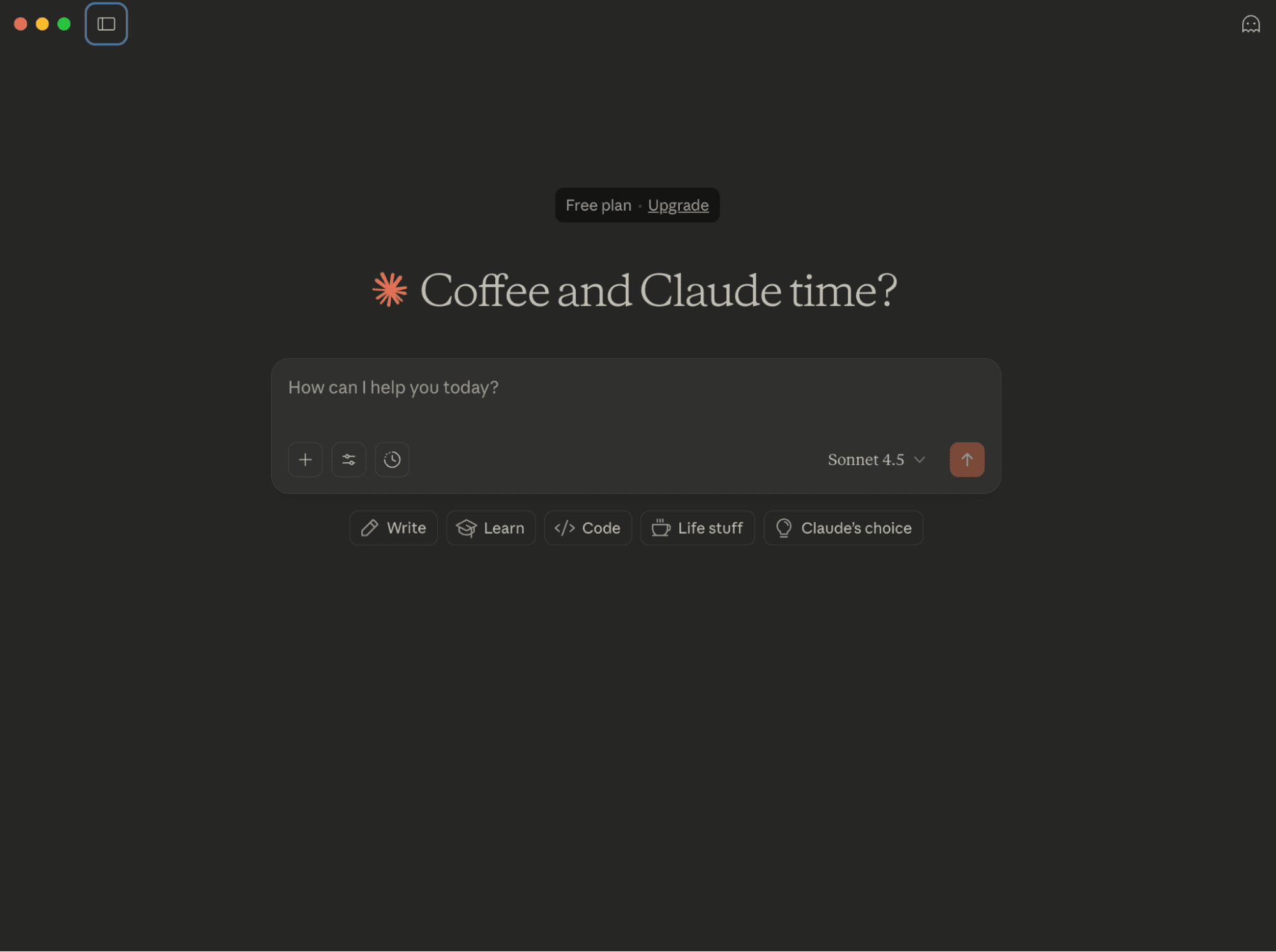 Página do Claude 4.5 Sonnet, com a observação, "hora do café e do Claude? Como posso ajudar você hoje?"
