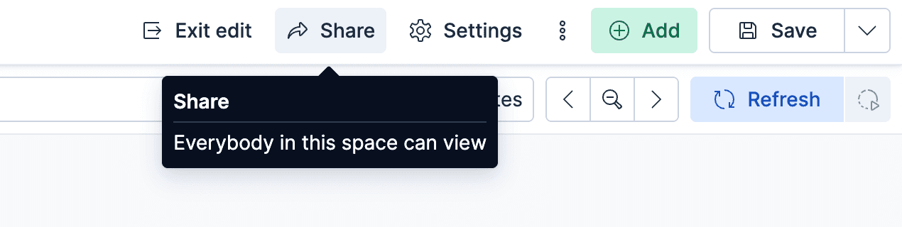 공유 버튼이 강조된 Kibana 툴바이며 해당 스페이스의 모든 사용자가 대시보드를 볼 수 있음을 나타내는 툴팁이 표시되어 있습니다.