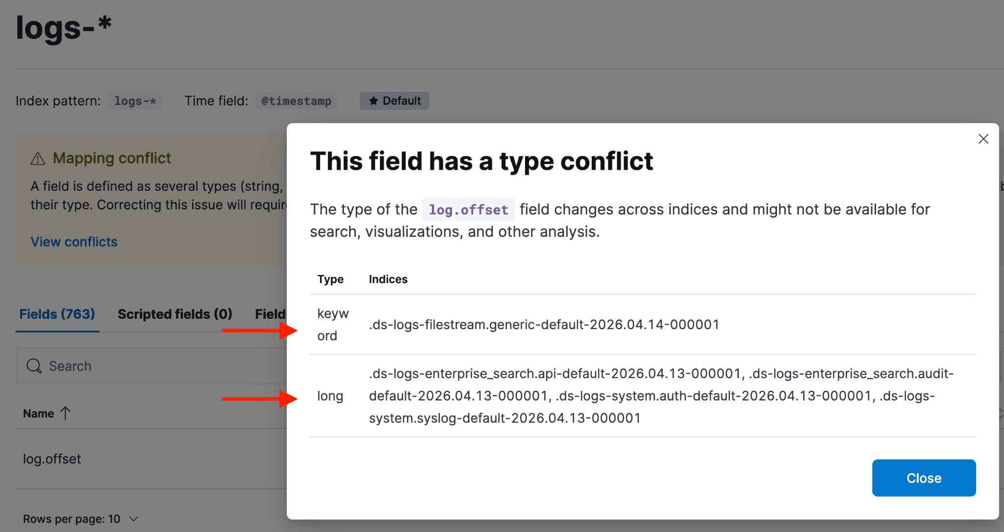 Screen showing the field log.offset with a warning about differing types and a table listing the indices for each type.