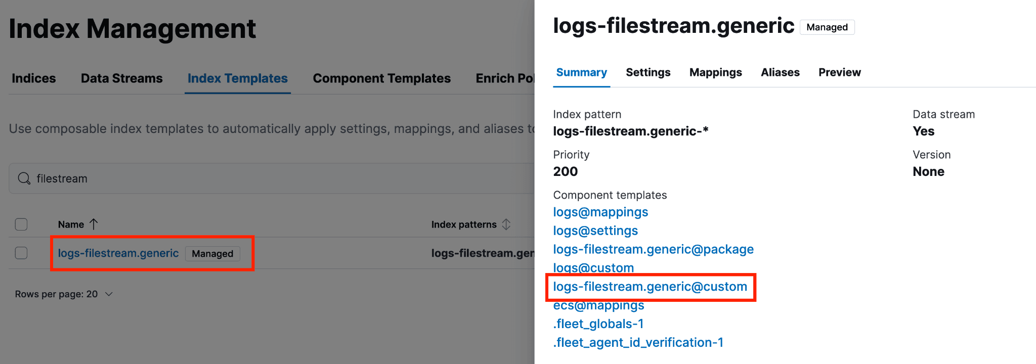 Screen showing an index template with its summary, index pattern, priority value, data stream setting, and a list of component templates, with the focus on the logs‑filestream.generic@custom entry.