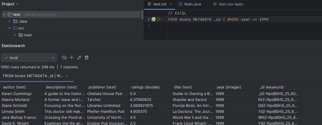 IDE window showing an ES|QL query in a text file and a results panel below it listing returned book records with columns like author, title, year, and ID.