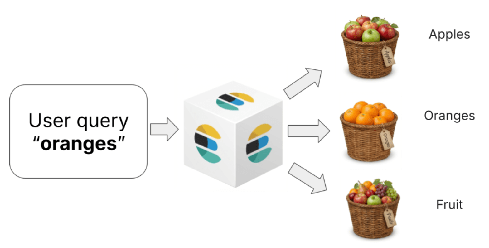 '오렌지'에 대한 쿼리가 사과, 오렌지, 여러 과일 등 다양한 과일 카테고리로 라우팅되는 과정을 보여 주는 다이어그램입니다.