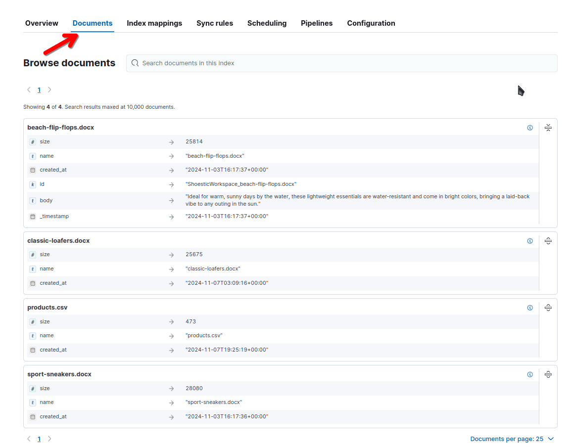 Documents tab in Enterprise Search UI