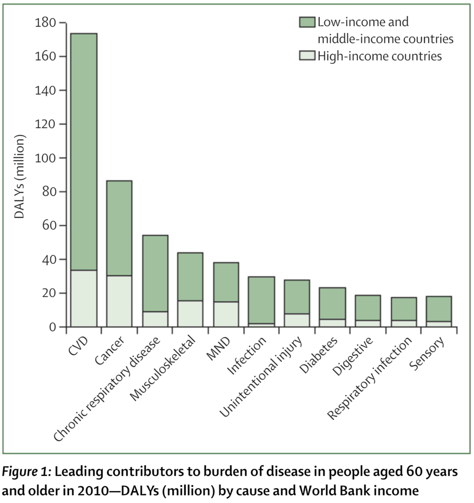 A bar chart compares leading causes of disease burden in people aged 60 and older in 2010, showing disability‑adjusted life years in millions for cardiovascular disease, cancer, chronic respiratory disease, musculoskeletal disease, neurological disease, unintentional injury, diabetes, digestive disease, respiratory infection, and sensory disorders, with each bar divided into contributions from low‑ and middle‑income countries and from high‑income countries.