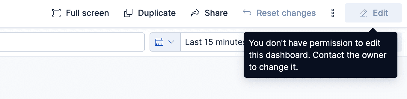 Kibana 대시보드 툴바의 편집 버튼에 사용자가 대시보드 수정 권한이 없음을 알리는 경고 툴팁이 표시됩니다.