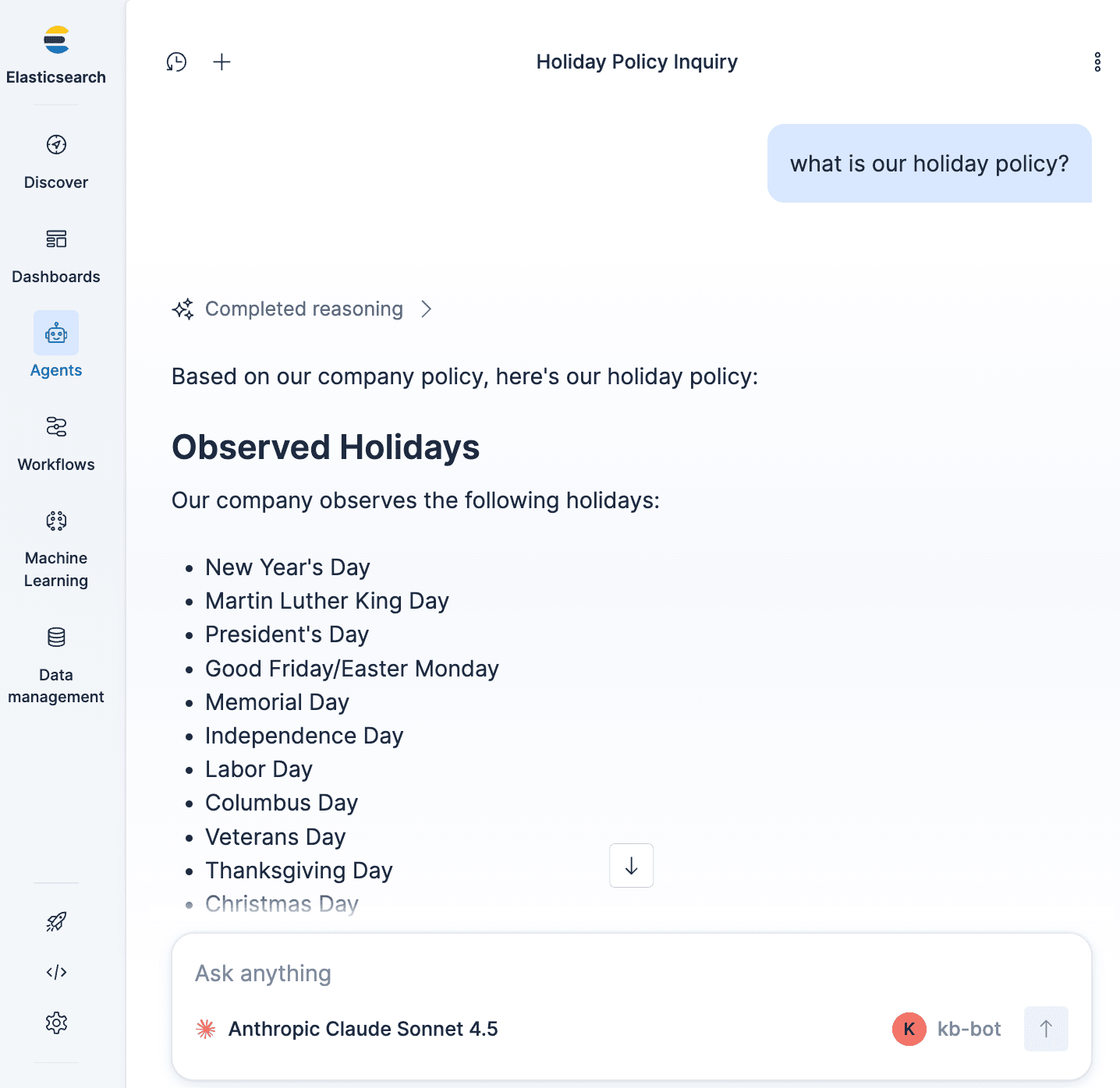 Elastic Agent interface showing a “Holiday Policy Inquiry” response that lists the company’s observed holidays in a clean, card‑style layout.