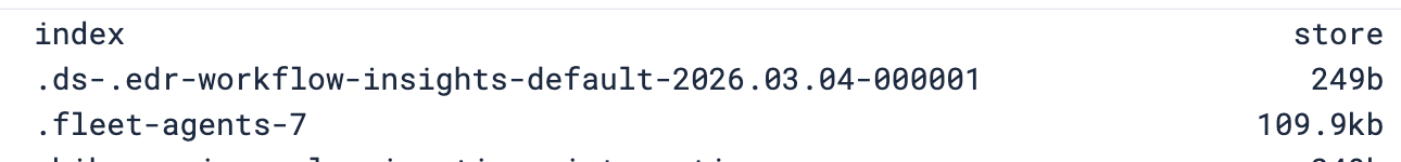 able showing two index names with their corresponding storage sizes.