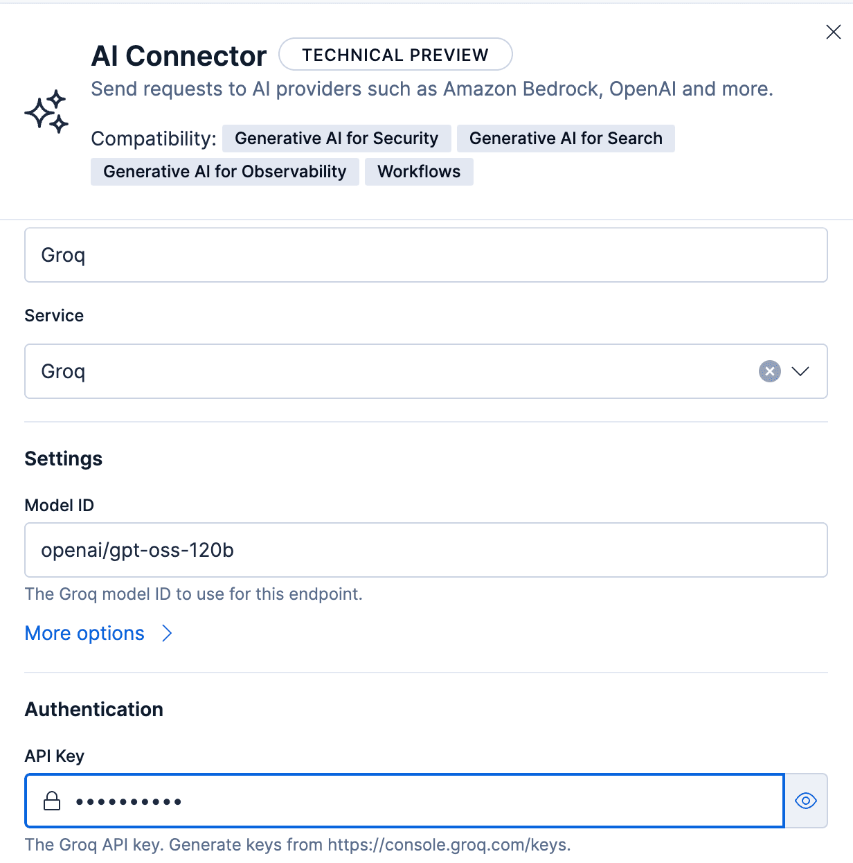 Select Groq as the AI Connector in Elastic
