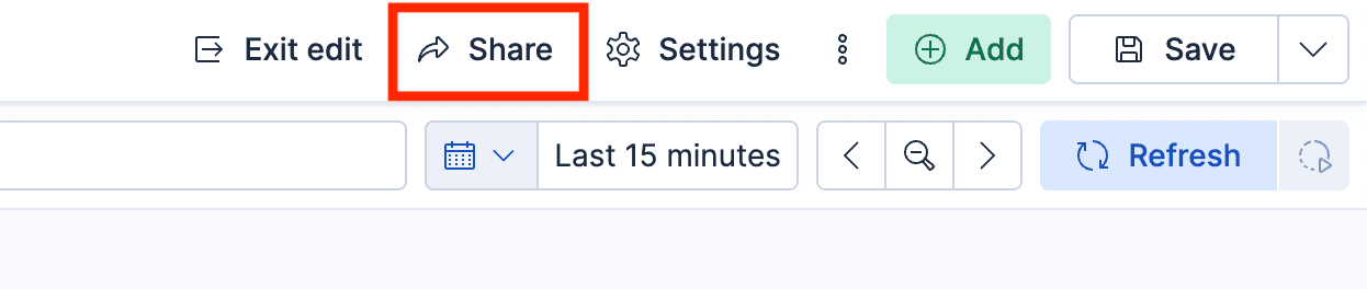 편집 모드 종료, 공유, 설정 조정, 패널 추가, 저장 옵션이 표시된 Kibana 대시보드 툴바이며 공유 버튼이 강조되어 있습니다.