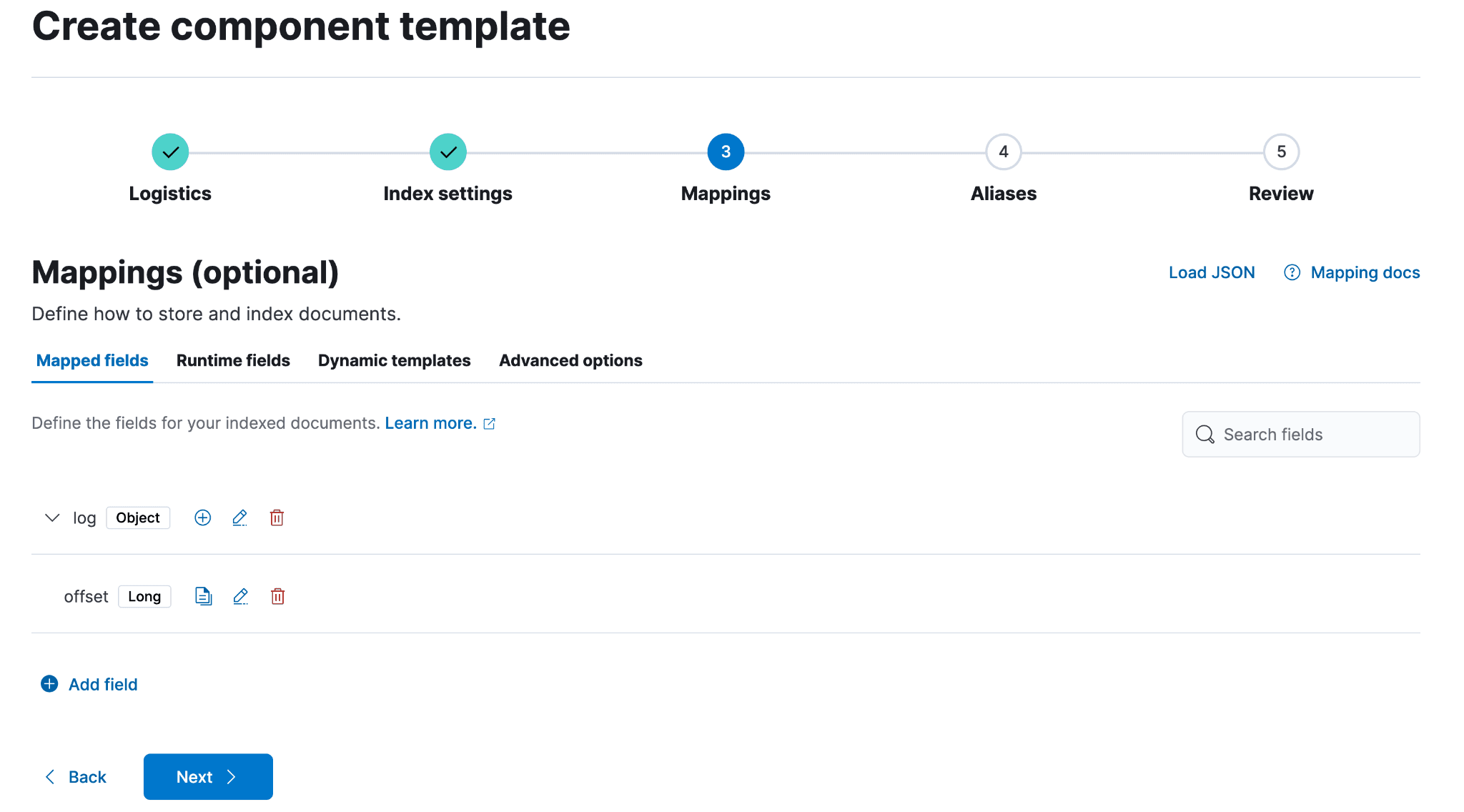 : Screen showing the component template creation interface with the “Mappings” step selected in the workflow