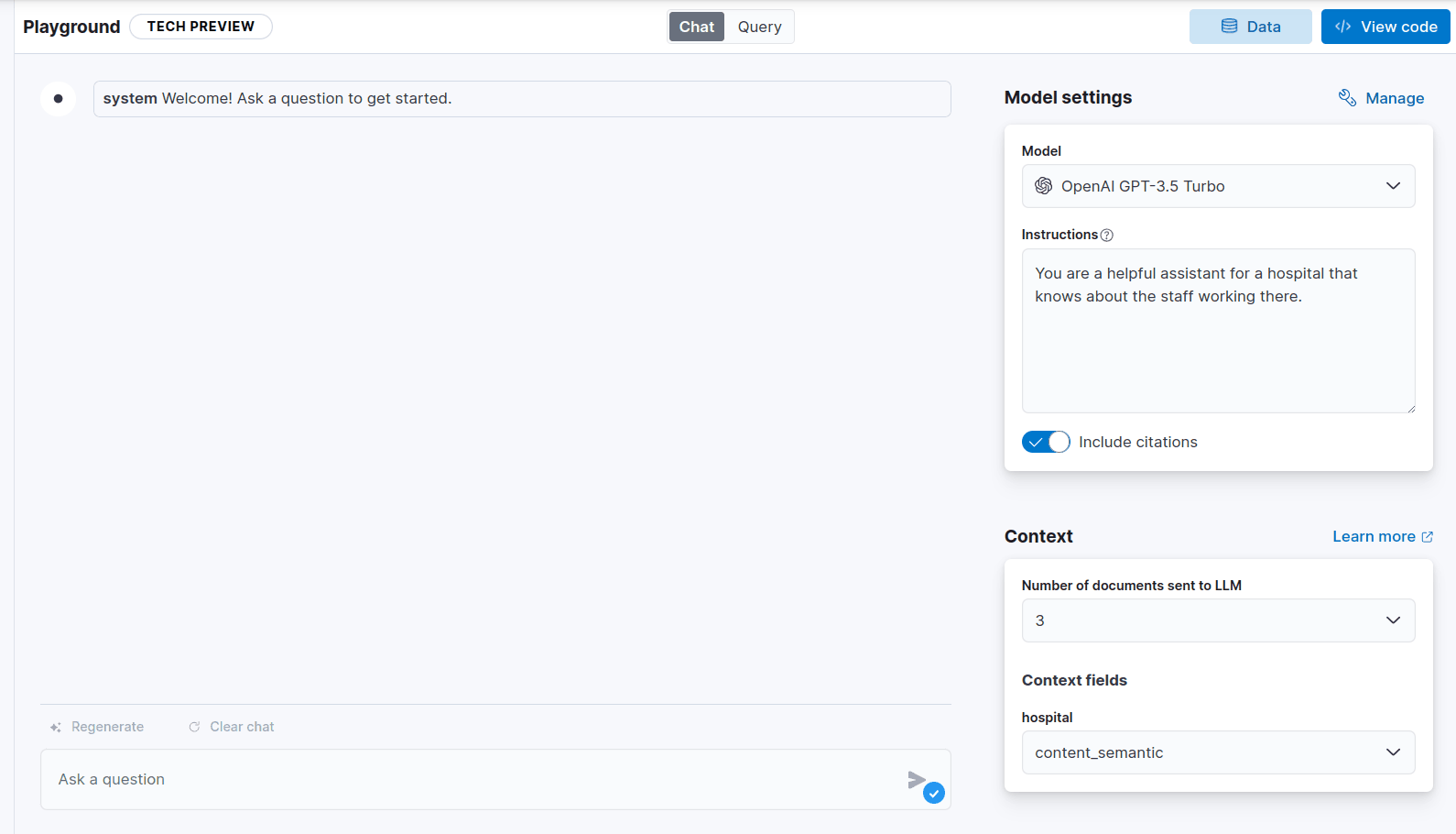 model settings to chat with data in Playground